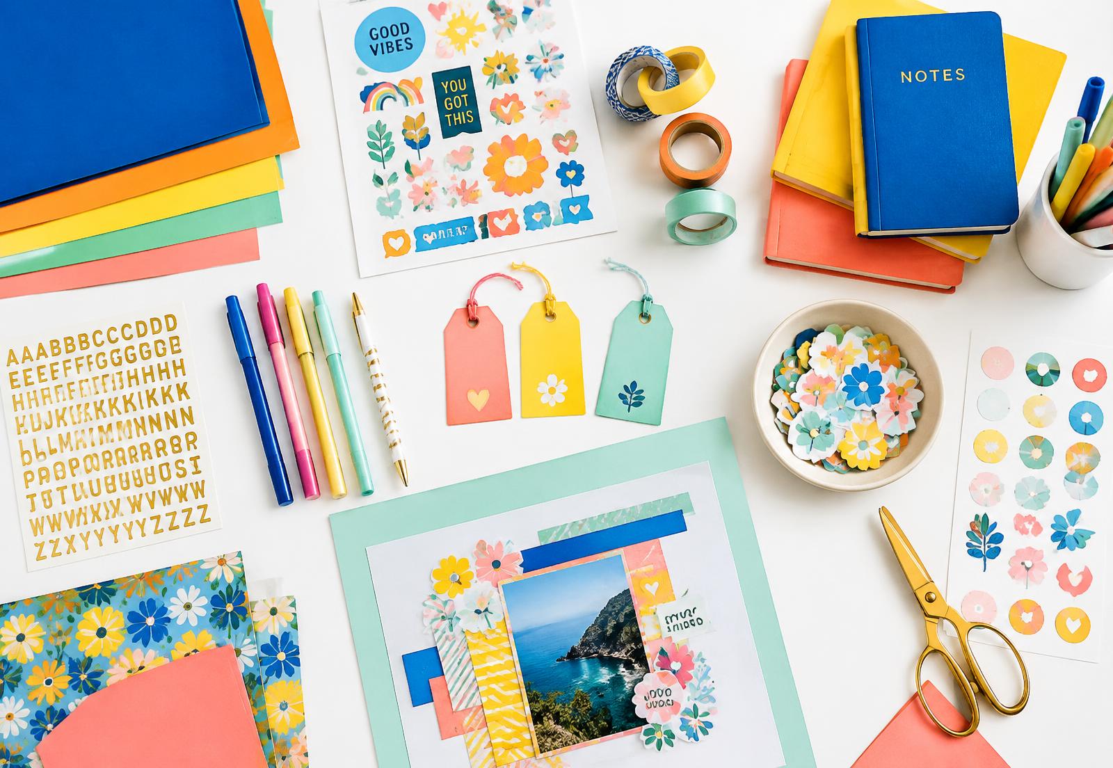 Colourful craft paper, stickers, tape, notebooks and pens